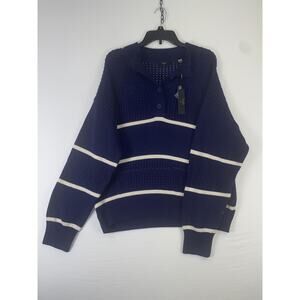 Tahari Sweater Womens XL Blue Stripe Open Knit Collared Pullover Top Nautical